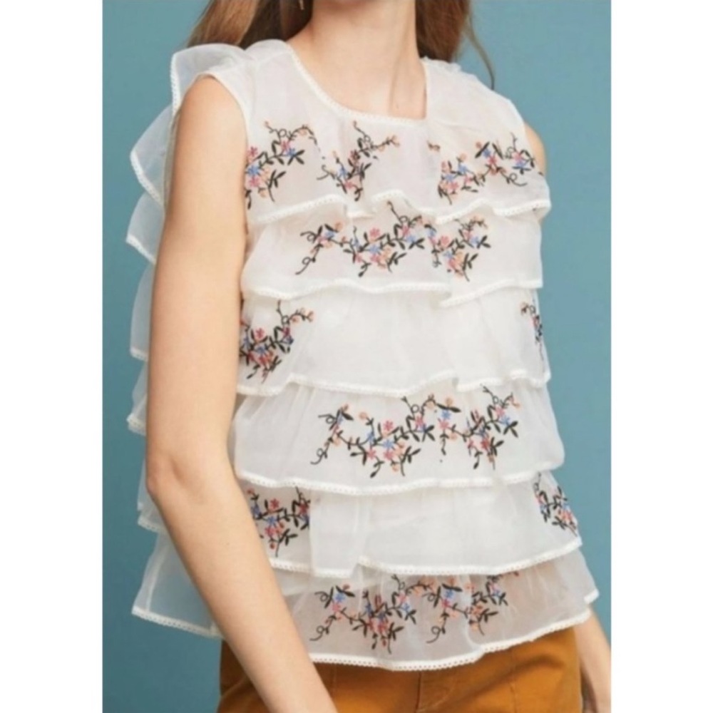 Anthropologie Flutter Seen Worn Kept Size M Sleeveless Embroidered Ruffled Top
